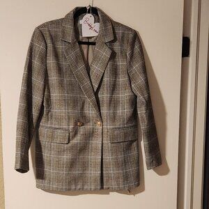 NWT Buddy Love Plaid Double Breasted Oversized Blazer Size Small Brown Tan Cream